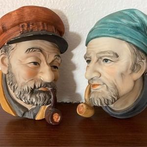 Vintage Lefton Porcelain Chalkware Heads Sailor Railway Man Wall Art 4713, 4714